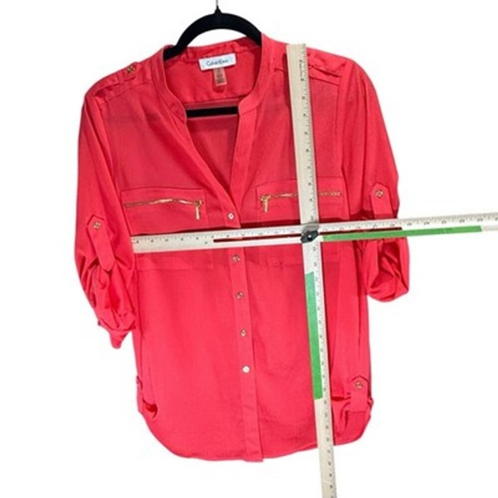 Calvin Klein Women's Coral Zip Pocket Roll Tab Long Sleeve Blouse Size S - Picture 3 of 7